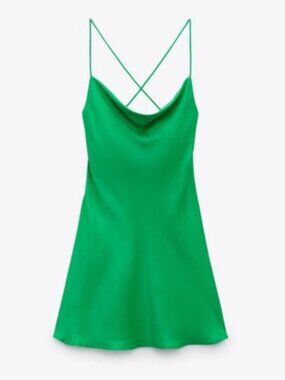 Zara Green Silk-Feel Mini Dress Cowlneck